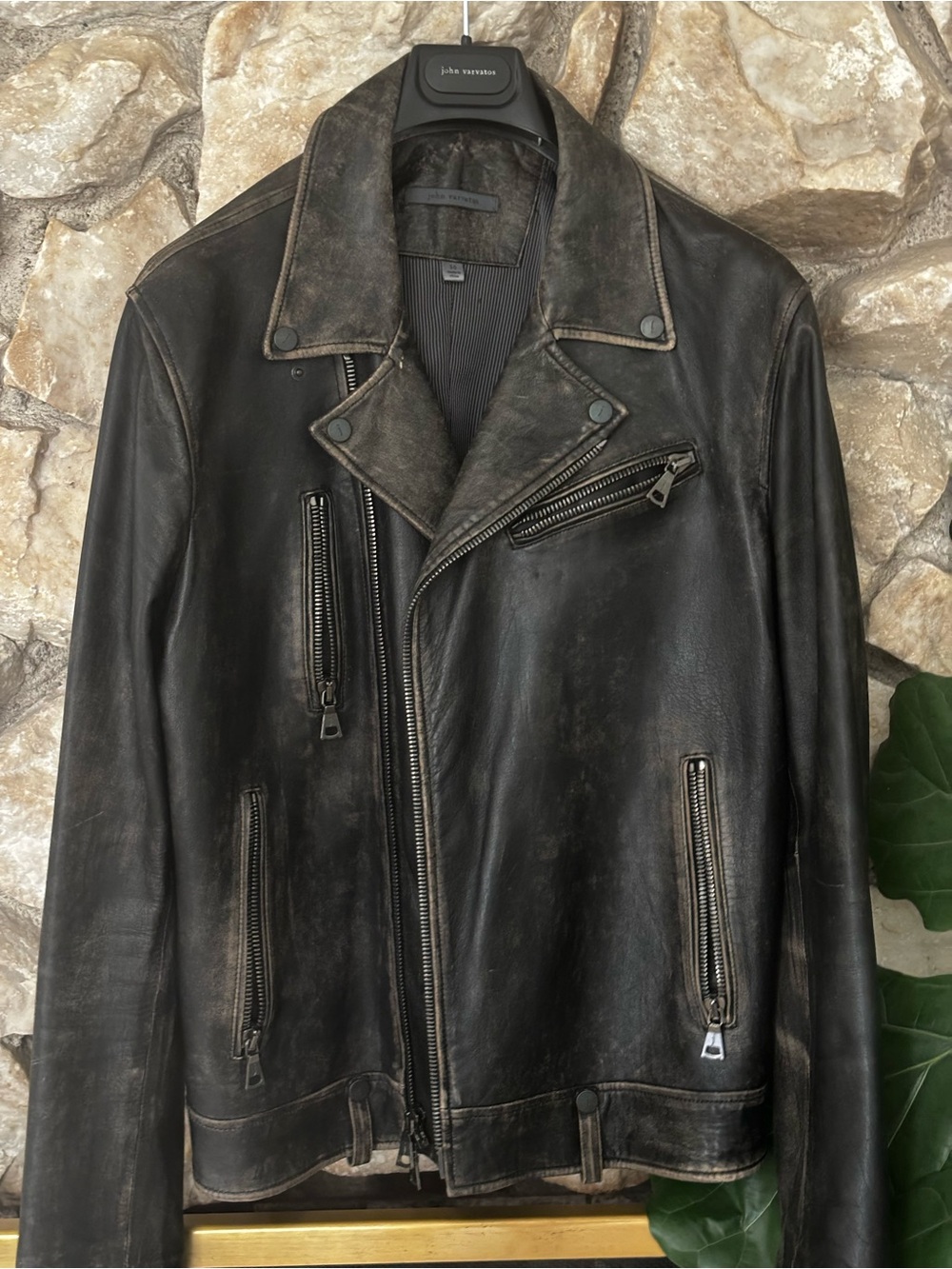 John Varvatos Distressed Black/Brown Leather Moto Jacket
